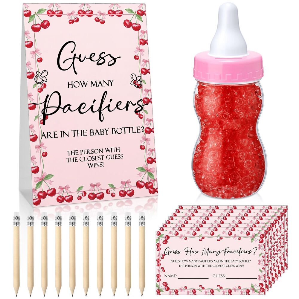 GUESS HOW MANY PACIFIERS Baby Shower Game mini pacifiers, pencils (Cherry, Pink)